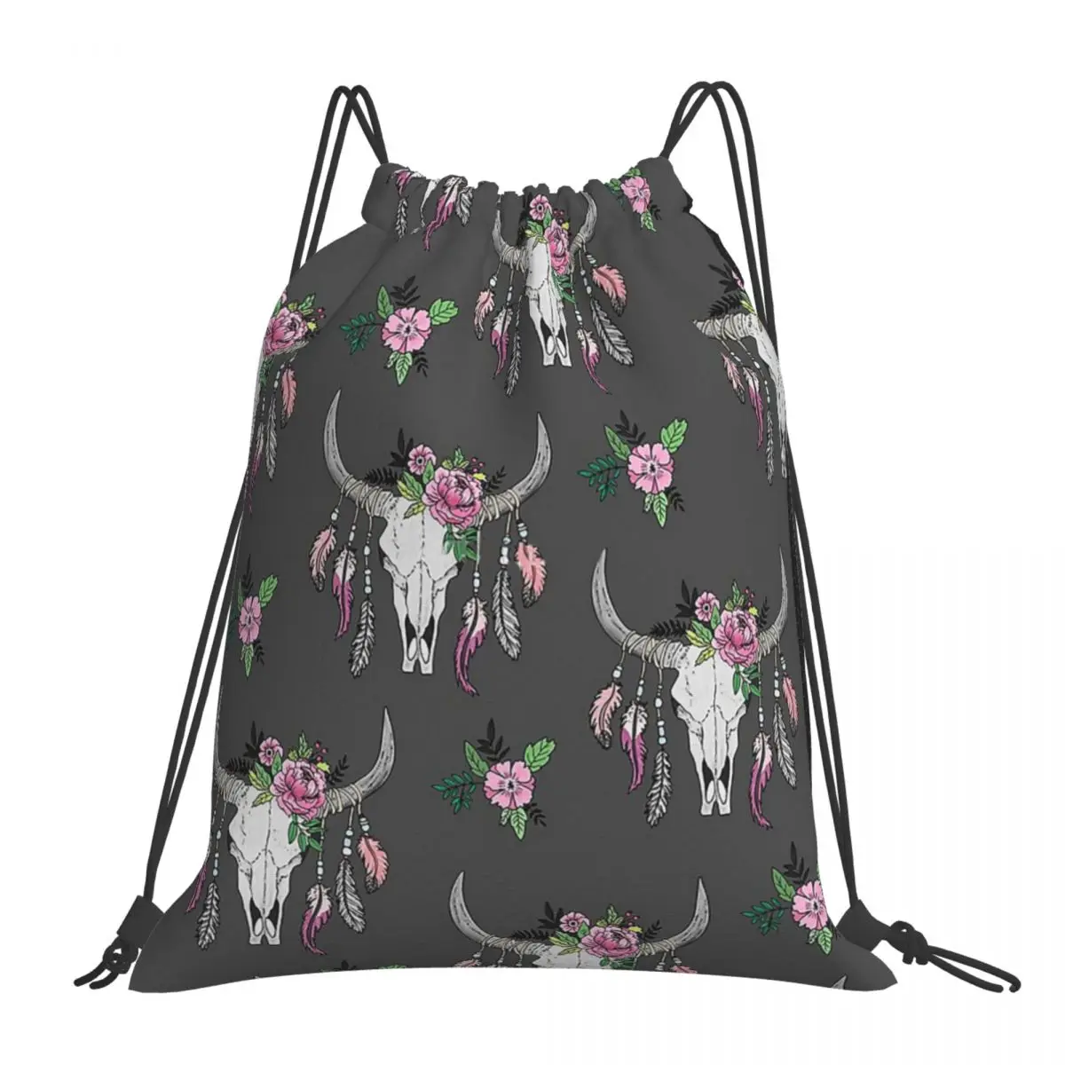 

Flower And Feather Skull Art Pattern Backpacks Fashion Portable Drawstring Bags Drawstring Bundle Pocket Sports Bag Book Bags