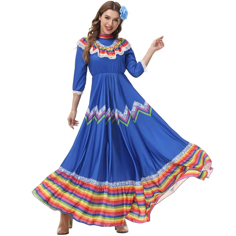 Фото Традиционное мексиканское платье, женский танцевальный костюм Folklorico для взрослых, с длинным рукавом, фиеста, Джелиско, распашная юбка, национальный фестиваль Сенориты №5