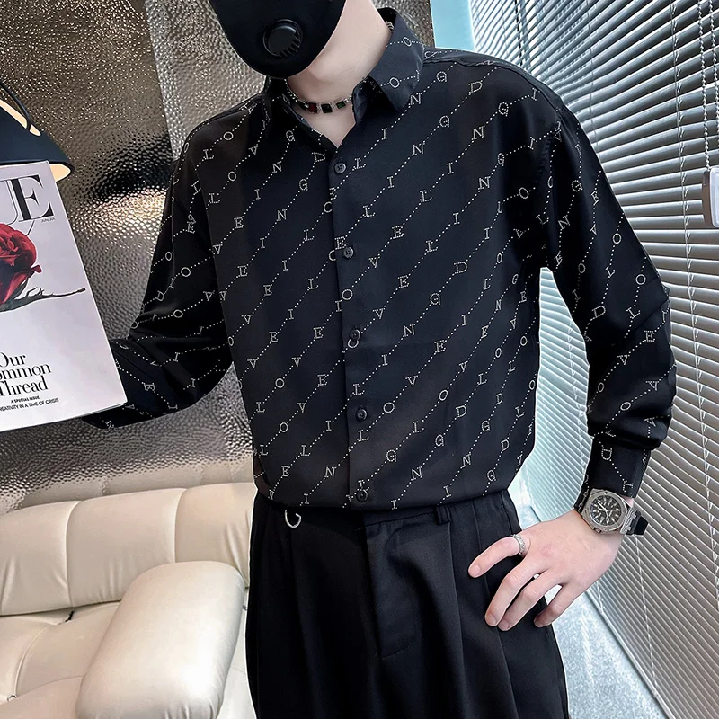 2022 Letter Print Shirts Men Autumn Long Sleeve Casual Slim Shirt Business Dress Shirts Social Party Streetwear Camisa Masculina