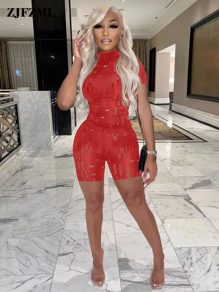 

Hollow Out Sexy Two Piece Sets Women See Through Short Sleeve Slim Sheath Tops and Summer Beachwear Shorts Female Matching Suits