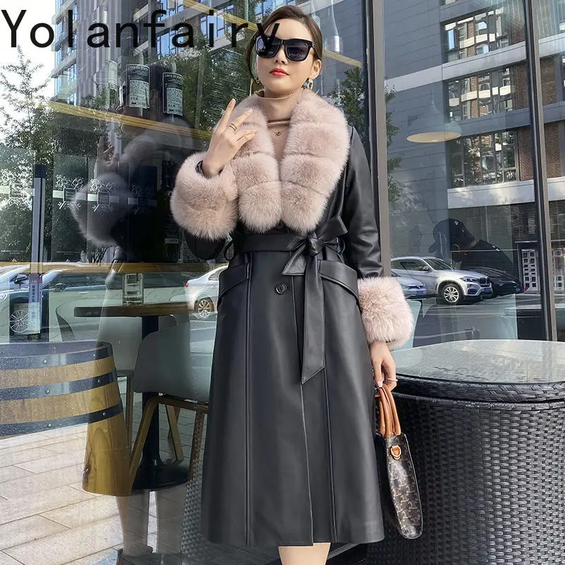 Женский Длинный тренчкот из натуральной воловьей кожи с лисьим меховым