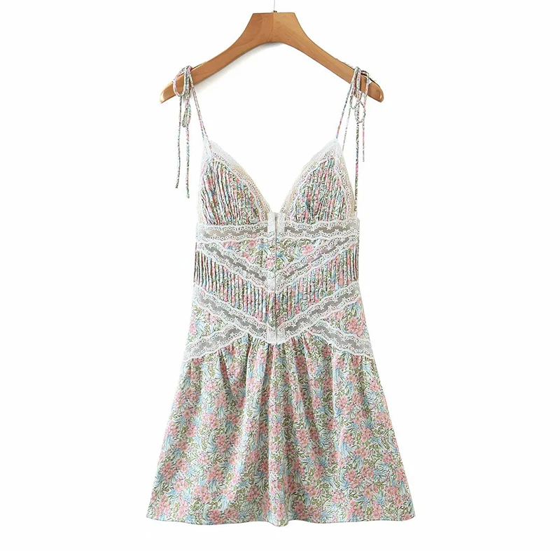 

WJJDFC Sexy Lace Patchwork Floral Print Sling Dress Women Backless V Neck A-line Summer Beach Dress Female Holiday Short Robe