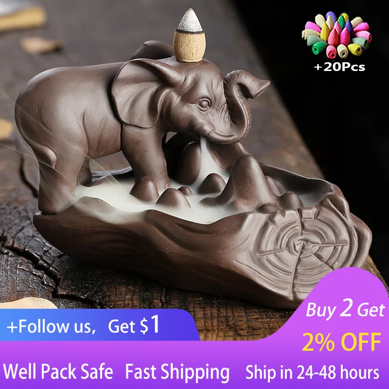 

Creative red sandalwood backflow incense burner European home furnishing Elephant smoke viewing backflow incense burner