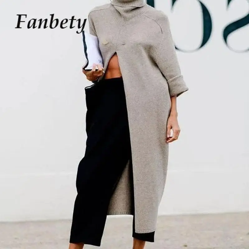 

Female Warm Long Sleeve Split Jumper Pullover Knit Stylish Women New Knitting Tops Commuter Solid Turtleneck Sweater Coats