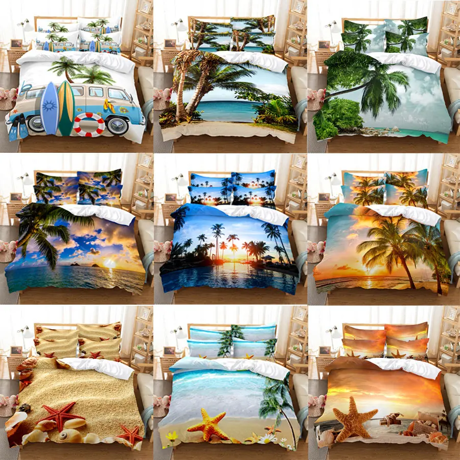 

3D HD Bedding Set Queen Duvet Quilt Cover Pillow Case Bed Linen USA King Twin Full Double Single Bedroom Seaside Coconut Tree