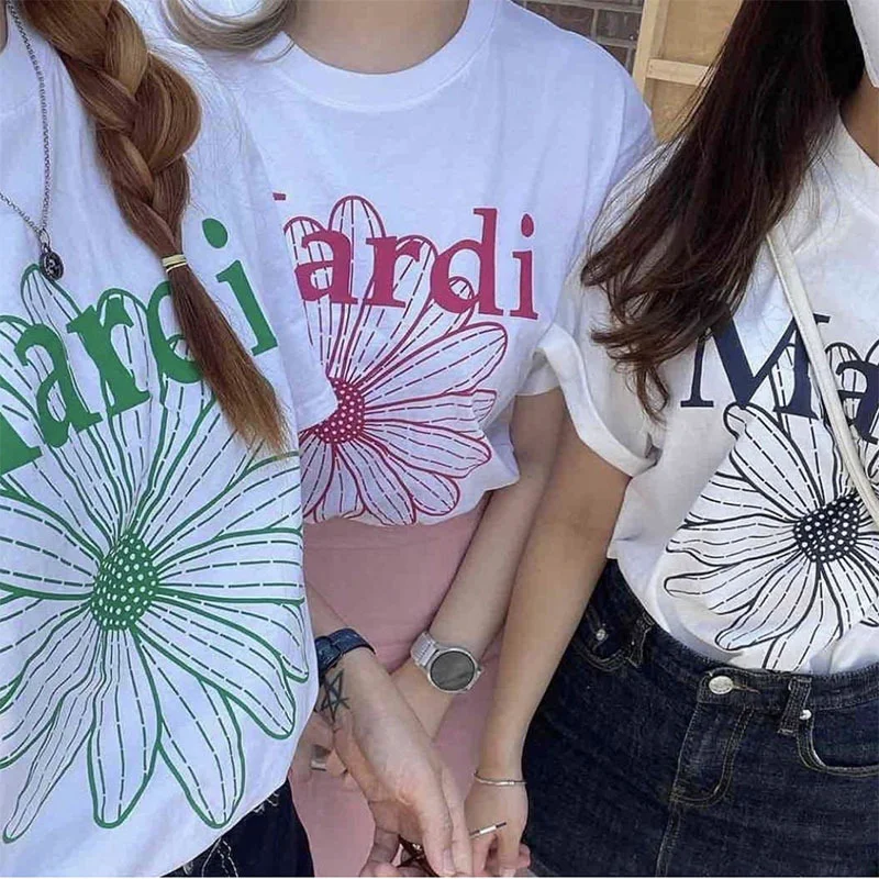 

2023 Korea Mardi Summer New Womens T-shirt Simple Daisy Sun Flower Print Pure Cotton T-shirt Harajuku Lazy Short Sleeve Tees Top