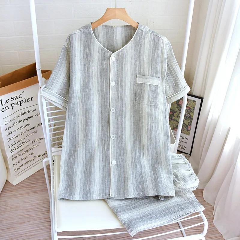 New Striped Couple's Short Sleeve Capris Suit Double Layer Cotton Summer Sleepwear For Men And Women Home Wear Pajamas Set