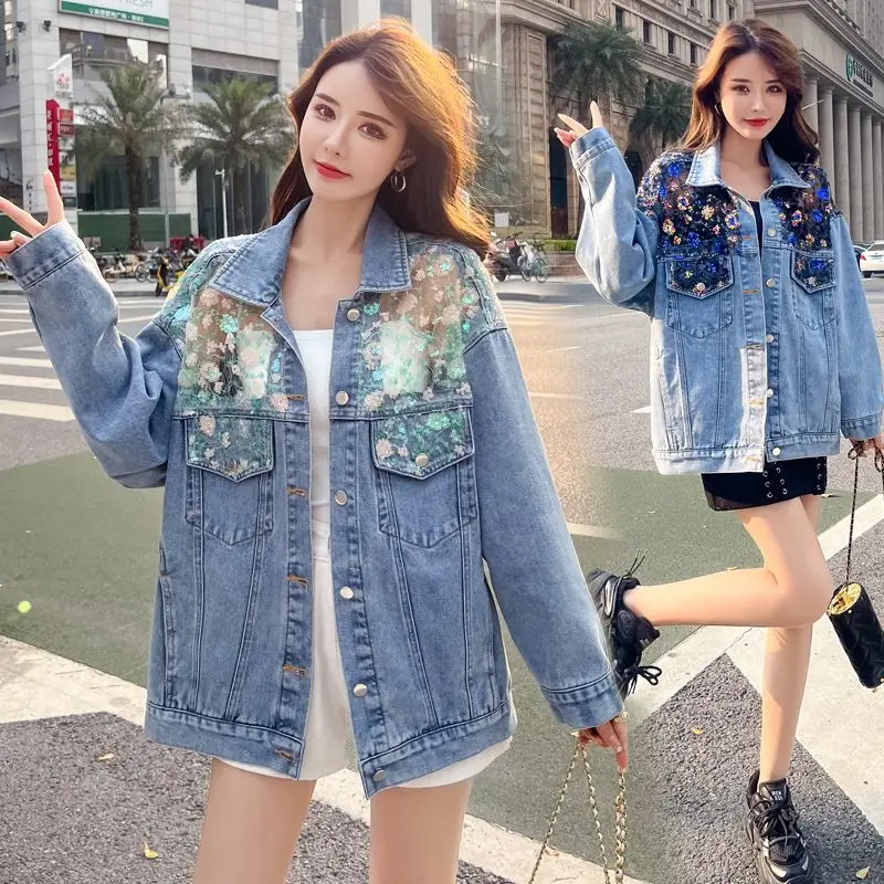 

Sequin Mesh Splicing Denim Jacket Women Windbreaker Streetwear Long Sleeves Korean Fashion Harajuku Spring Autumn Jacket Tops