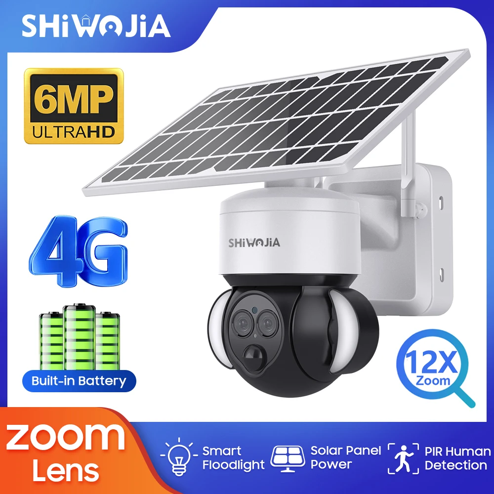 

SHIWOJIA 6MP 12X Zoom WIFI Solar Camera 4G SIM Dual Lens 6W Solar Security Camera Outdoor PIR Human Detection Surveillance CCTV