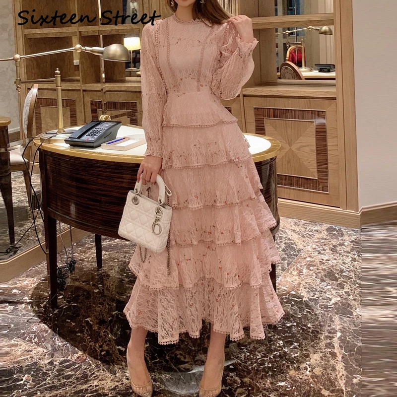 

Pink Lace Embroidery Dresses Women O Neck Long Sleeve Evening Party Dress Vestido De Mujer Autumn Elegant Sweet Maxi Dress Lady
