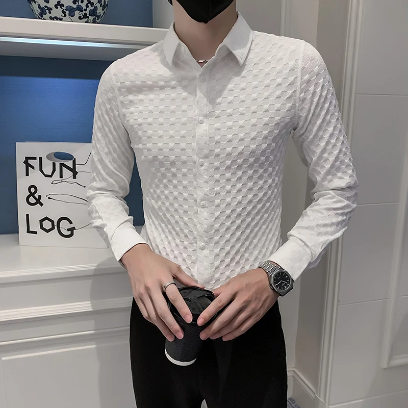 2022 Autumn Classic Plaid Shirts for Men Long Sleeve Slim Casual Business Formal Dress Shirt Fashion Social Streetwear Camisa