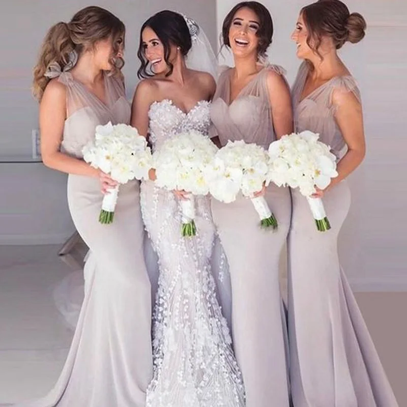 Vestidos de Dama de Honra Decote em v Feminino para Casamento Luz de Prata Cinza Sereia Tule Cetim Sexy Brautjungfer Kleider Longo Vestido Elegante