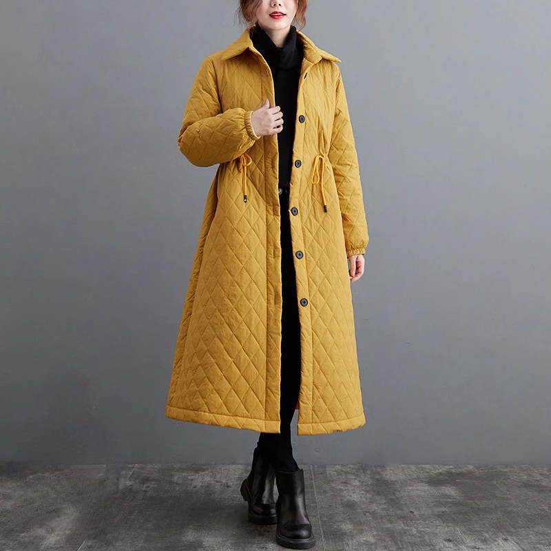 Women's Winter 2021 Fashion New Quilted Cotton Cardigan Long-sleeved Stand-up Collar Solid Color Wild Literary Retro Long Coat