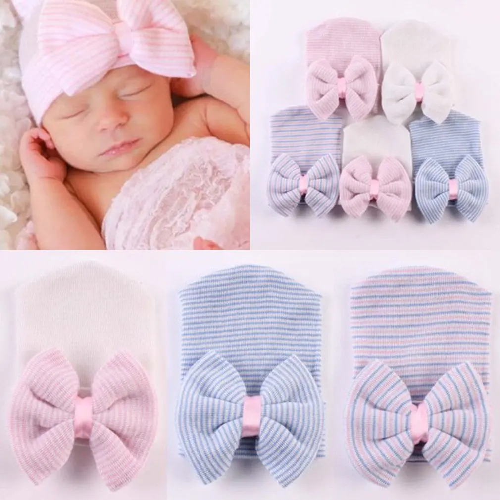 

Newborn Baby Hat Toddler Baby Warm Hats Cotton Striped Caps Soft Hospital Pink White Boys Girls Bow Beanies for New Born 0-3M