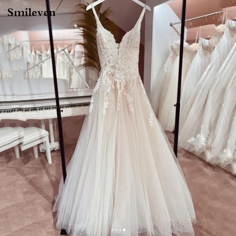 

Сдержанное свадебное платье Smileven, винтажное кружевное свадебное платье с аппликацией в стиле бохо, с открытой спиной, на бретельках, свадебные платья