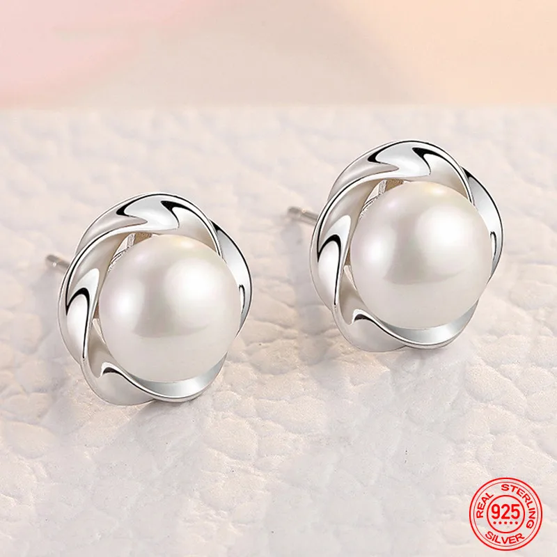 

925 Sterling Silver Charm Flower Pearl Stud Earring For Women Fashion Wedding Jewelry Party Gift