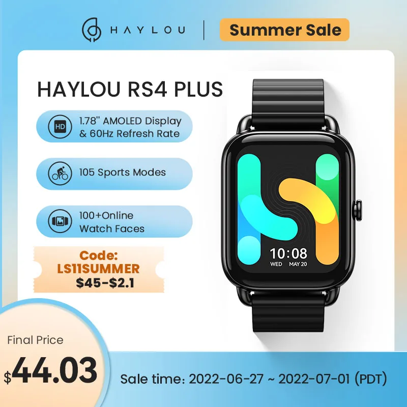 {LS11SUMMER $45-$2.1}HAYLOU RS4 Plus Smartwatch 1.78'' AMOLED Display 105 Modes 10-day Battery Life Smart Watch for Men Women