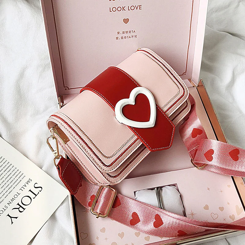 

Sweet Cute Small Shoulder Bag Female Valentines Day Trendy Korea Heart Messenger Bag Fashion Broadband Square Purse Wallet