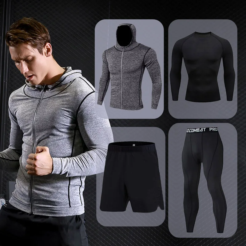 4 Pcs Outdoor Jogging Sport Men Suits Male Tracksuit Outdoors Suit Men's Gym Sportswear Running Track Clothing | Спорт и