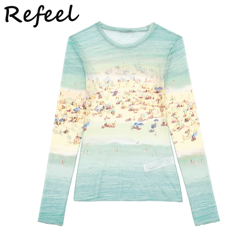

Refeel Women Tulle Shirt Spring Summer Fashion Tube Tops Corset Scenery Print Vintage Female Top Long Sleeve Blusas