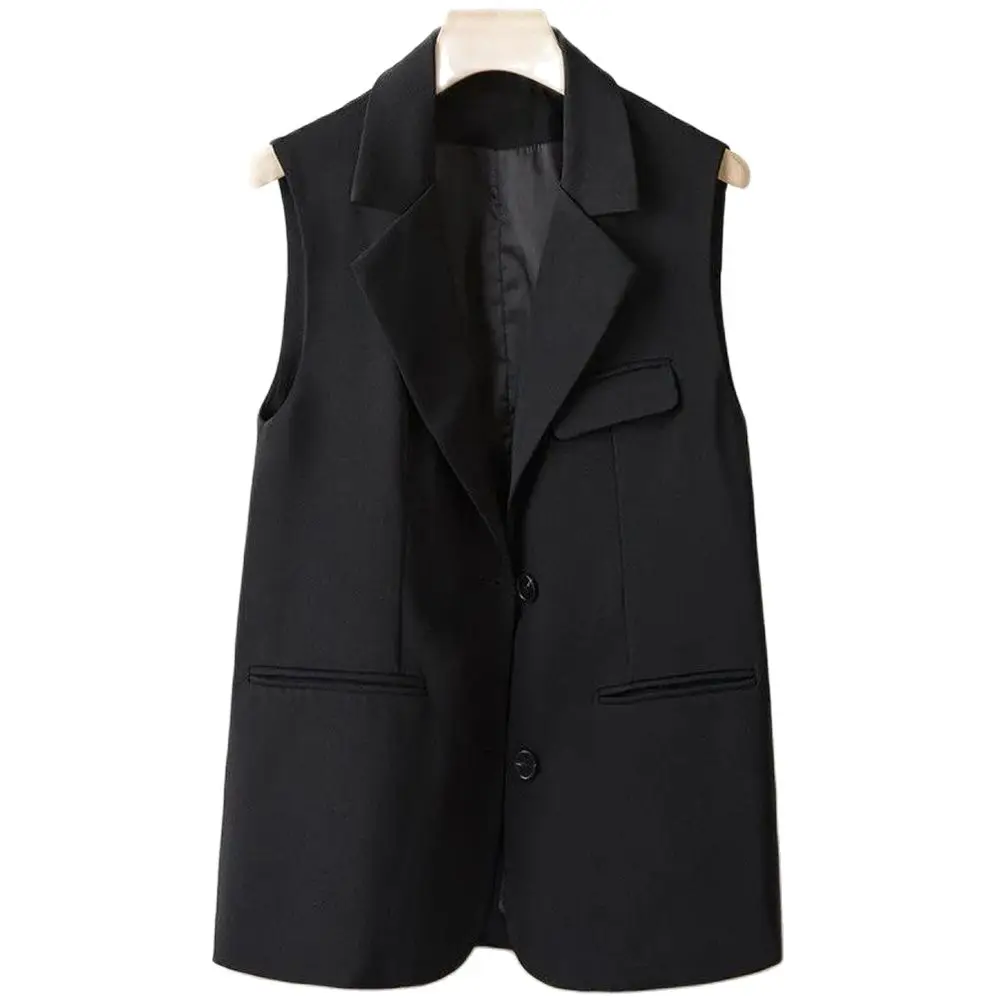 

Women 2024 Fashion Black Suit Vests Vintage Suit Collar Sleeveless Outerwear Chic Veste Femme Coat Waistcoat Gilet Spring 5xl