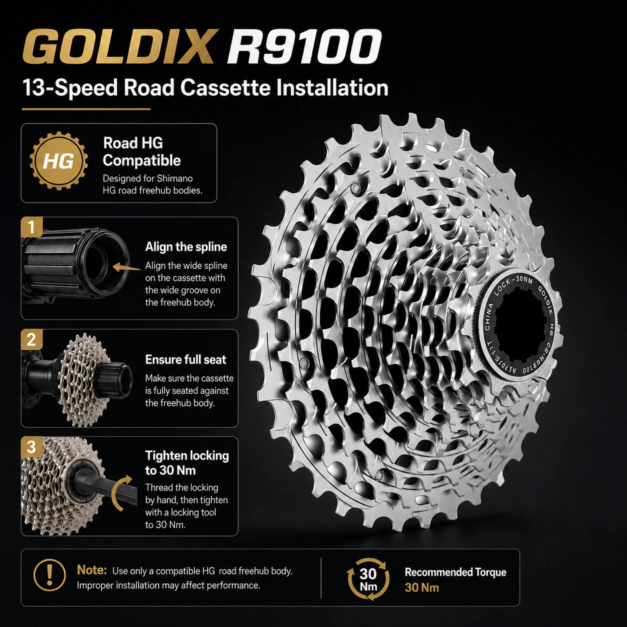 Фото Кассета GOLDIX R9100 13 скоростей для шоссейного велосипеда, 13S 11-34T, сверхлегкая, полностью фрезерованная на ЧПУ, 210 г, цельная стальная звездочка, для втулки HG №3