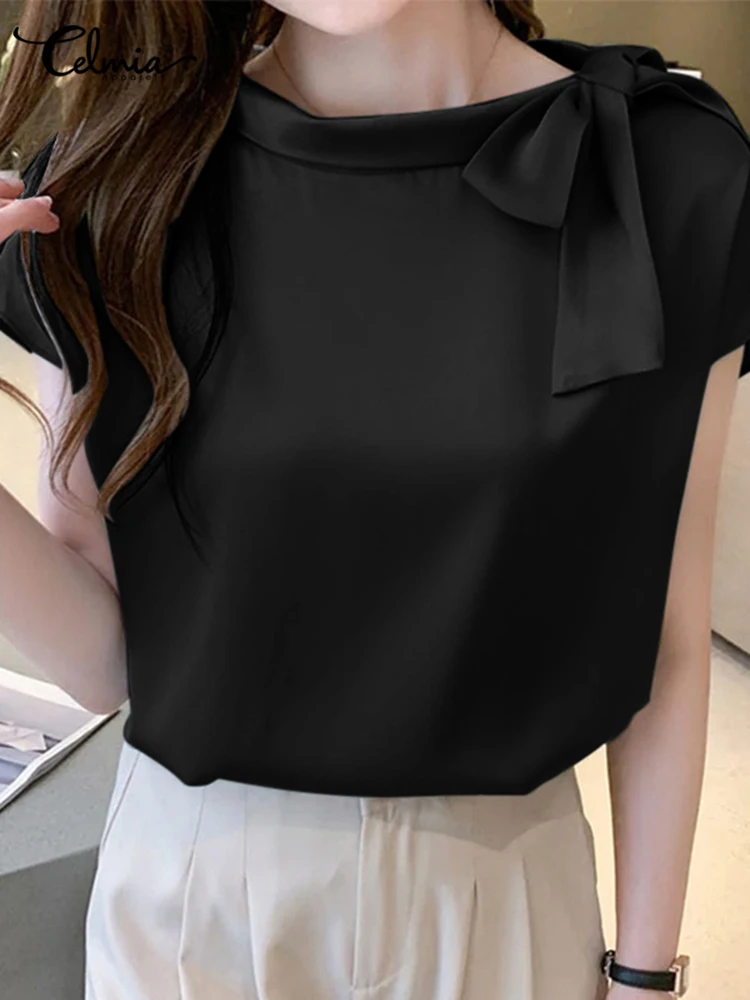 

2022 Summer Bowtie Bandage Blouses Celmia Elegant Satin Silk Short Sleeves Tunic Fashion O Neck Shirt Office Lady All-match Tops