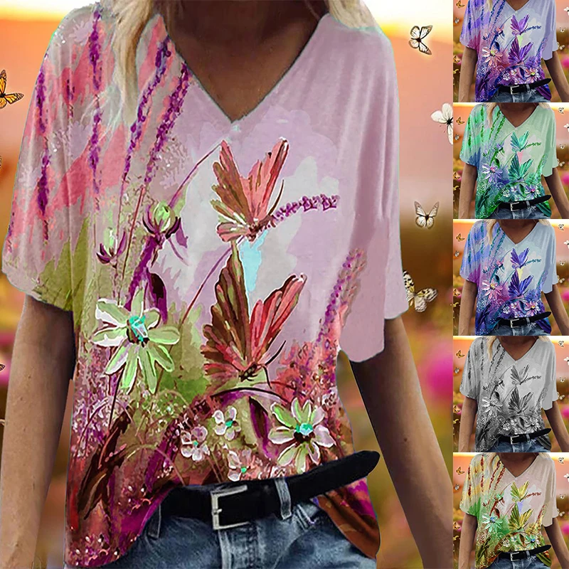 

2022 Summer Women's Floral Theme Printed Painting Tee Shirts V Neck 3D Printed Pullover Loosen Casual Tops New Design Plus Size