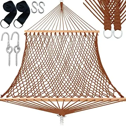

Hammocks 59" Width with Tree Straps, Traditional Hand-Woven Double Rope Hammock with Free Chains and Hooks, Hardwood Spreade Stu