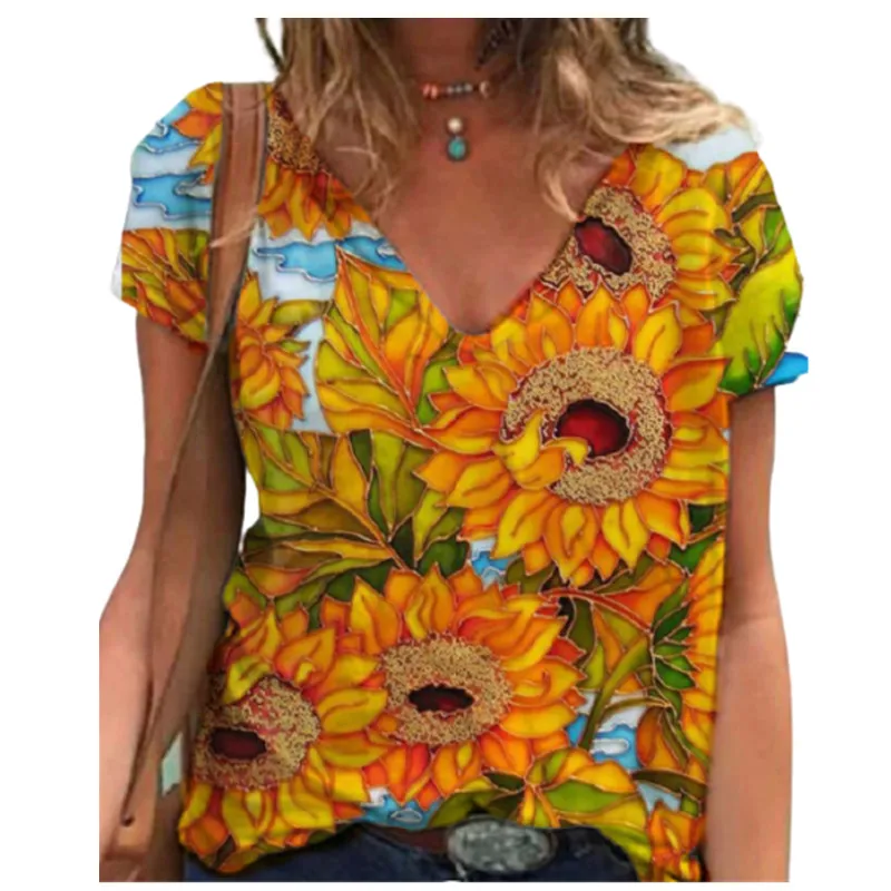 

3XL Casual Summer T Shirt 2021 New Women Sunflower Print Shirt Fashion Ladies Short Sleeve V-Neck Cotton Tops Plus Size Clothes
