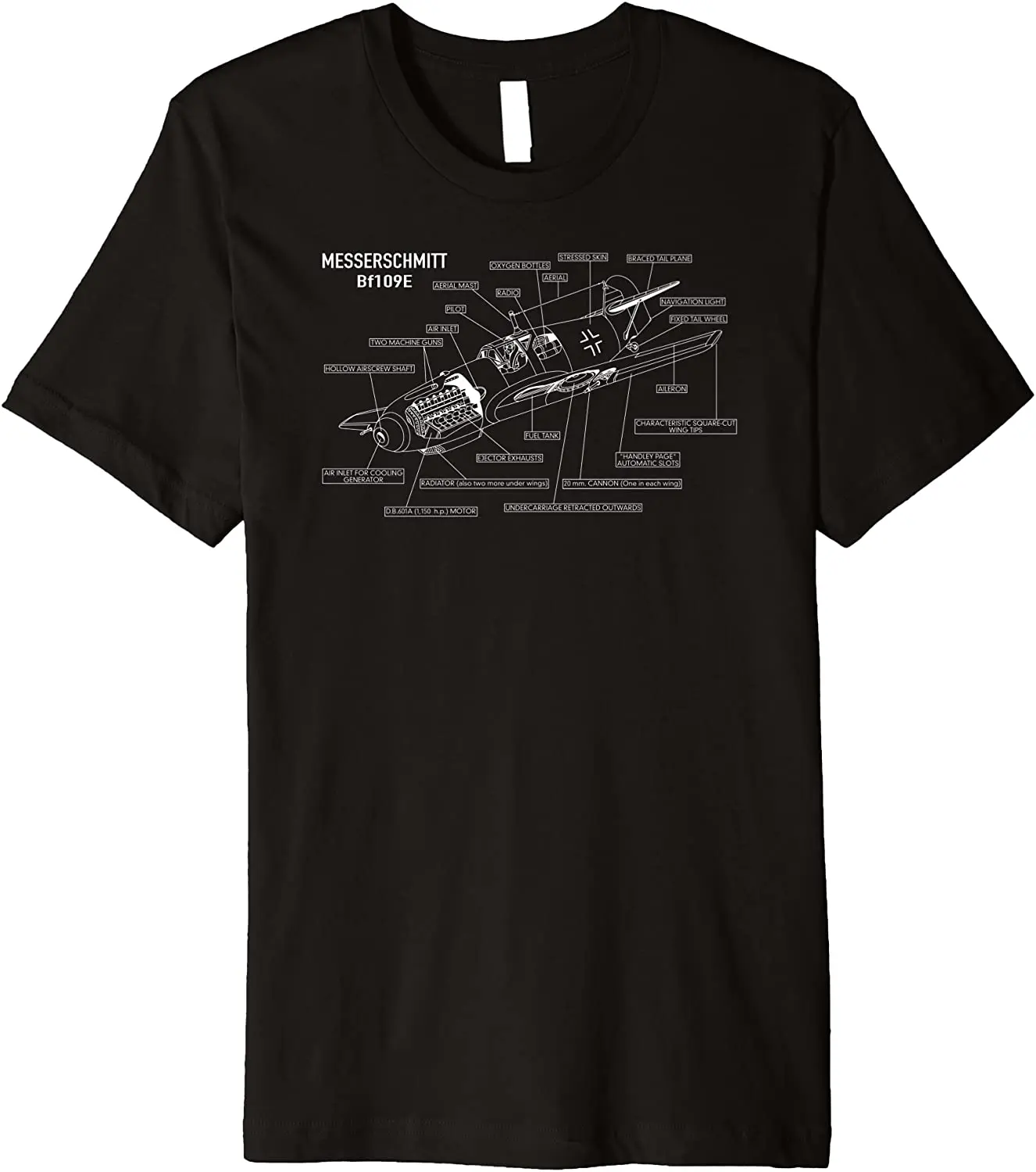 

WWII German Air Force Messerschmitt Bf 109 E Fighter Infographic T-Shirt. Premium Cotton Short Sleeve O-Neck Mens T Shirt New