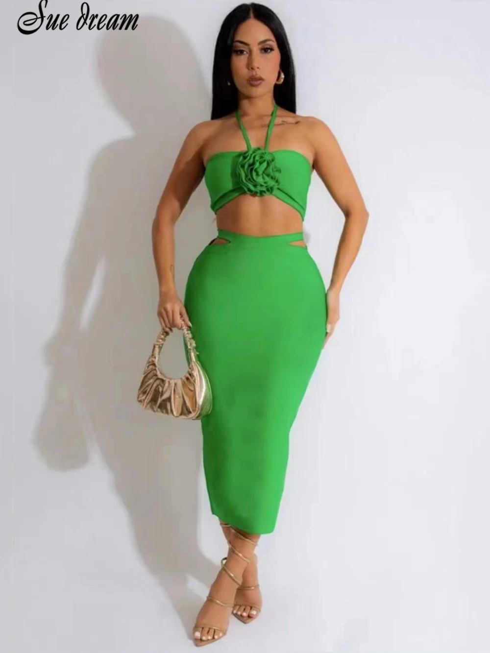 

Комплект из 2 предметов, бандажная юбка, женский зеленый бандажный короткий топ и юбка, наряды, летний сексуальный цветочный облегающий клубный вечерний комплект 2023