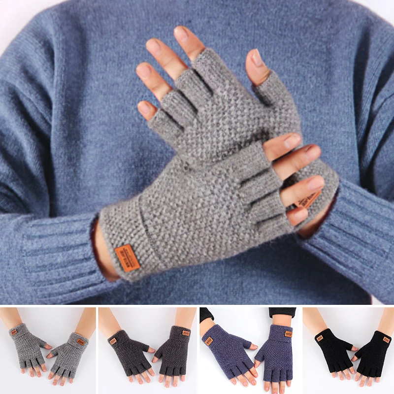 

Wool Fingerless Knitting Glove Men Winter Warm Flexible Fingerless Gloves Unisex Solid Color Outdoor Thicken Touchscreen Glove