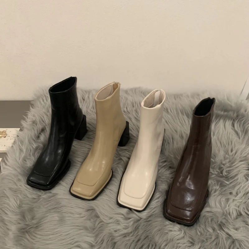 

Женские ботильоны челси с квадратным носком, на молнии сзади, Элегантные короткие ботинки, туфли-лодочки на высоком устойчивом каблуке, нов...