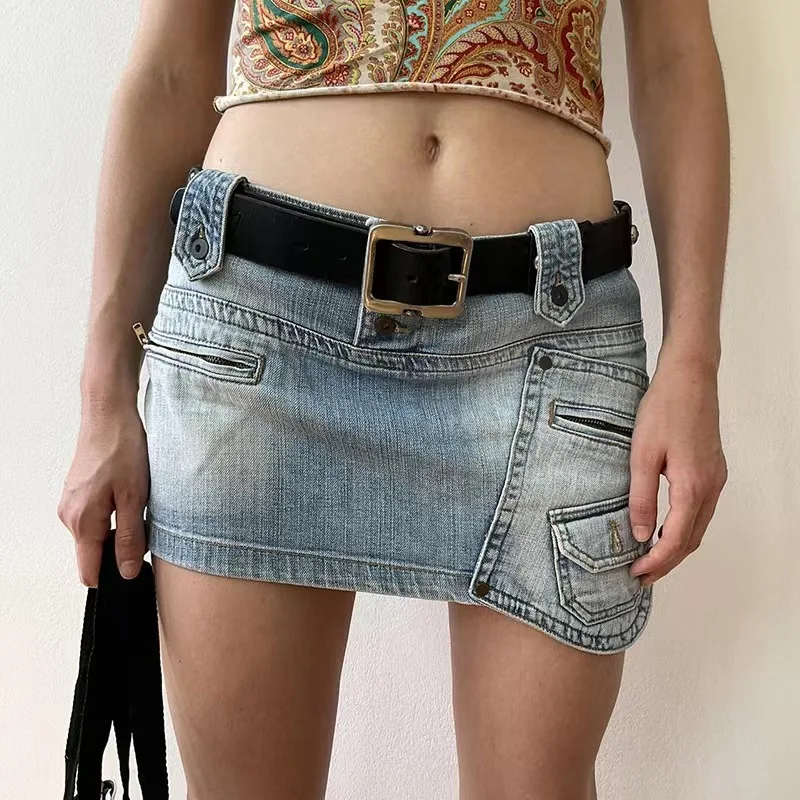 

Summer Woman Solid Color Zipper Irregular Splicing Denim Package Hip Short Skirt