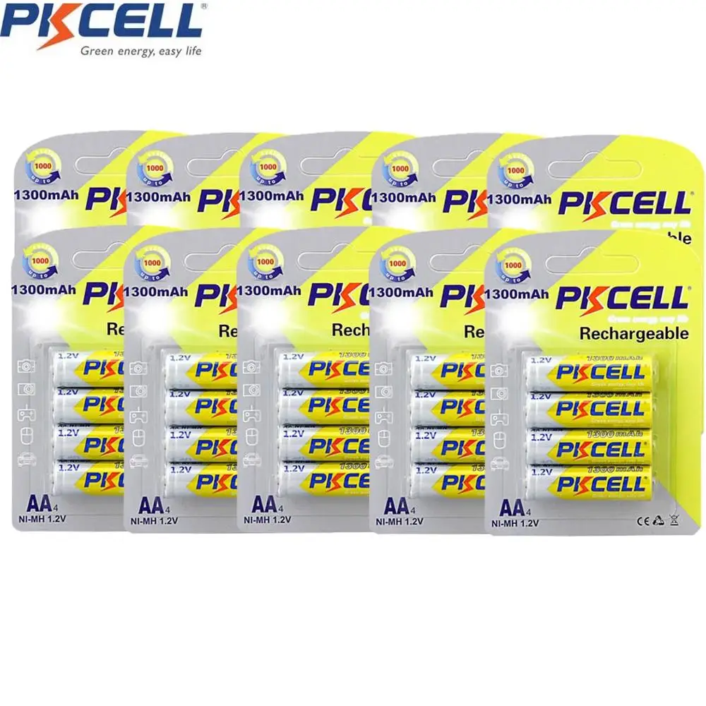 

40Pcs/10Pack PKCELL AA Rechargeable Battery Batteries 1300mah NiMh 2A Bateria Baterias Real Capacity for flashlight