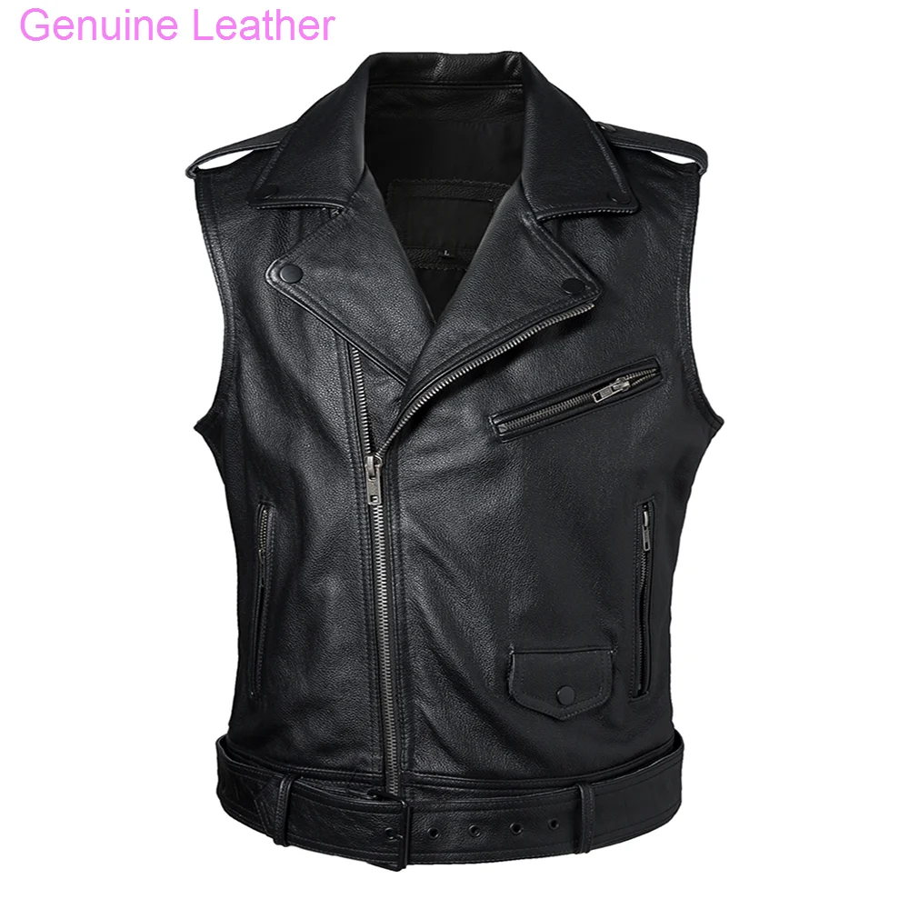 

Zipper Cowhide Classical Vest Men's Oblique Motorcycle 100% Genuine Leather Sleeveless Jackets Slim Motor Biker Vests