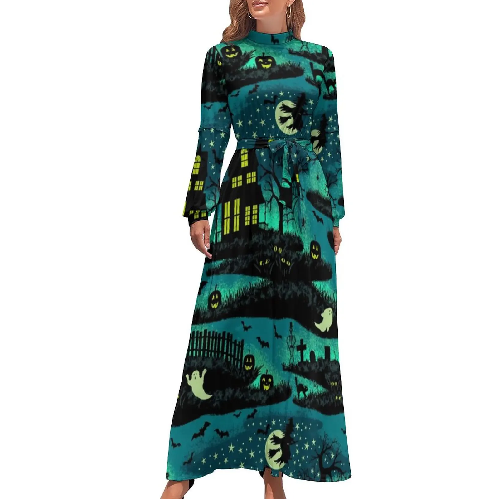 

Spooky Skeleton Dress Magical Night Fox Fire Long Sleeve Elegant Maxi Dress Summer Street Style Bohemia Long Dresses