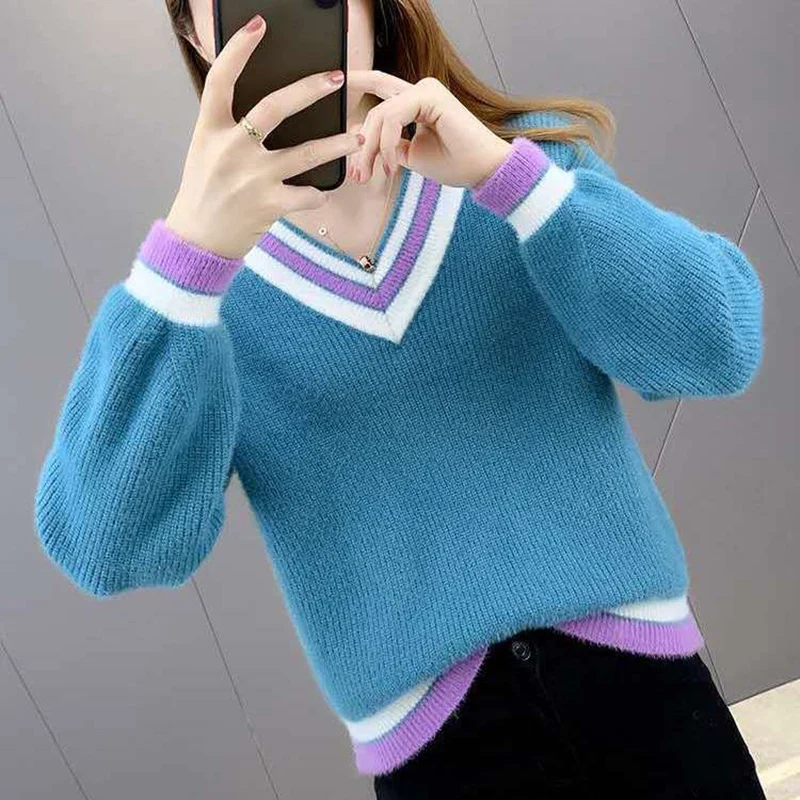 

Autumn Winter 2022 Striped V-neck Women Knitted Sweater Casual Long Sleeve Sueter Mujer Ladies Pull Femme Knitwear Pullover Tops