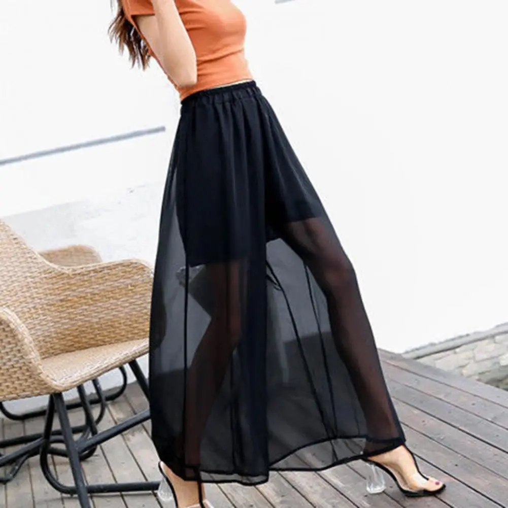 

Chiffon Wide Leg Pants Women Elastic Waistband Lining Sunscreen Trousers See-through Summer Pants Streetwear