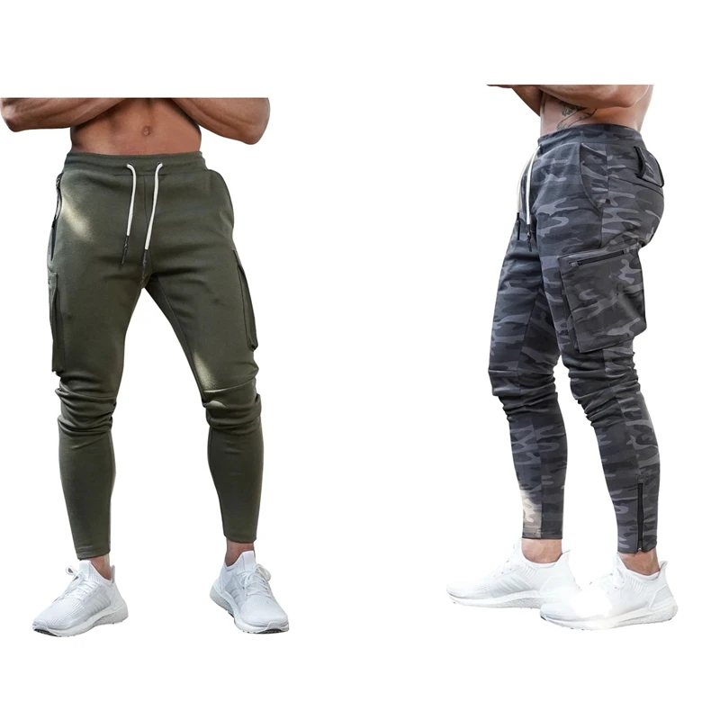 

2X Men's Fitness Pants Sports Tapered Sports Pants With Zipper Pockets Running Training Pants Armygreen L & Camouflage M