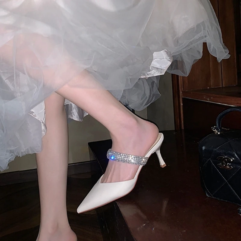 Black High-heeled Shoes Women's 2023 Spring Summer New Women's Shoes Stiletto Pointed Toe Pumps Rhinestone Glitter Mules Pumps