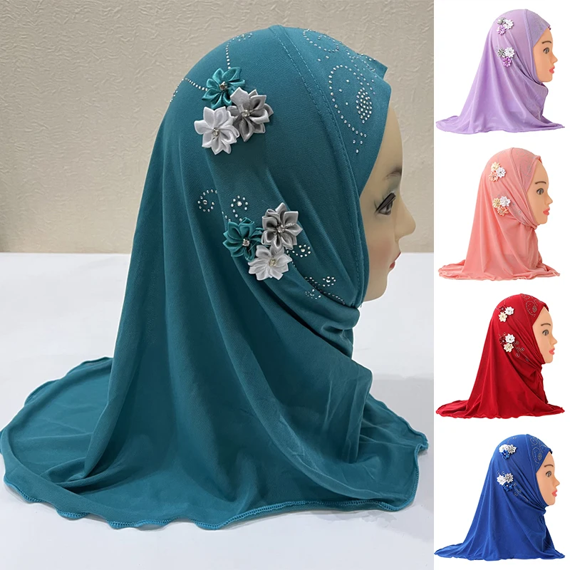 

beautiful small girl Al amira hijab with handmade flowers pull on islamic scarf head wrap for 2-6 years old kids