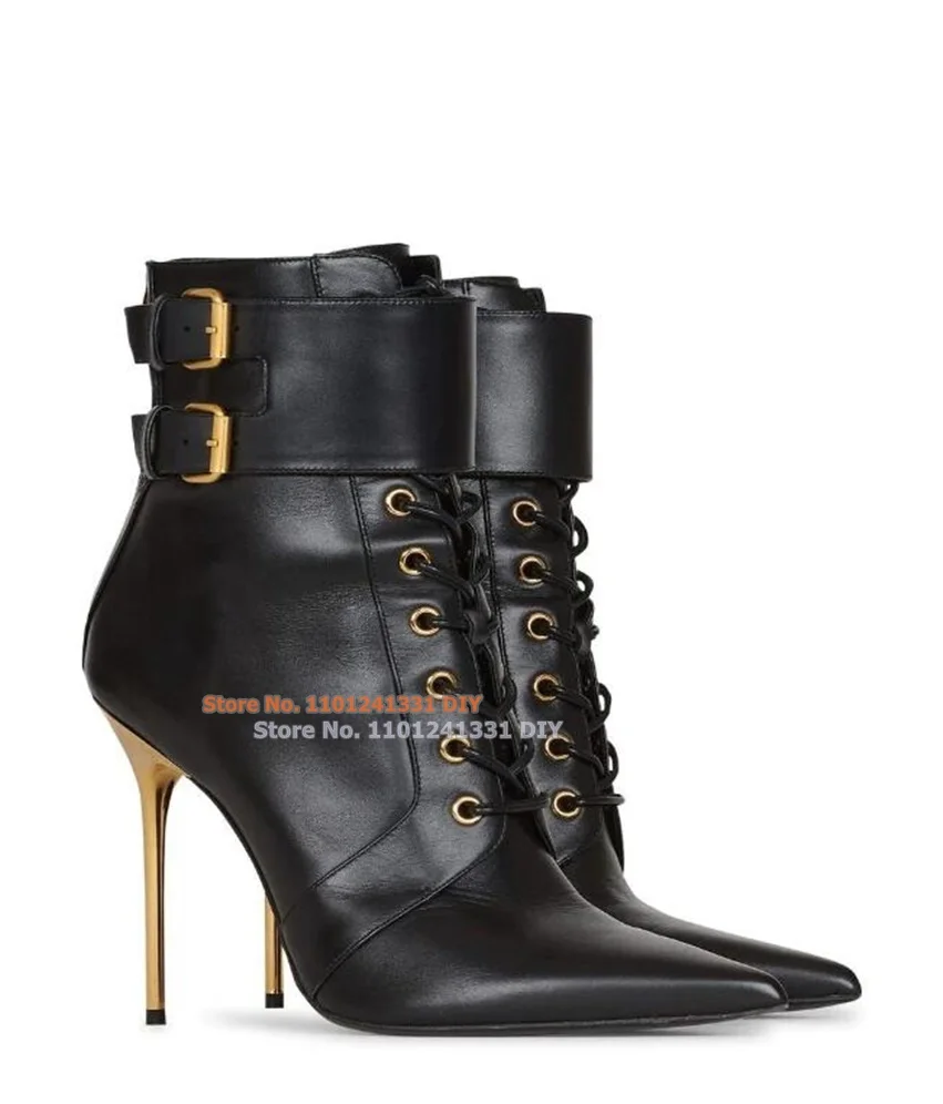 Black Leather Double Buckle Lace Up Short Boots Women Pointed Toe Gold Thin High Heel Bootie Party Shoes
