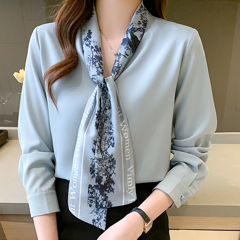 

Elegant Summer Autumn Bow Letter Chiffon Simple Office Lady Blouse Female Shirt Loose Tops Long Sleeve Casual OL Blouses Women
