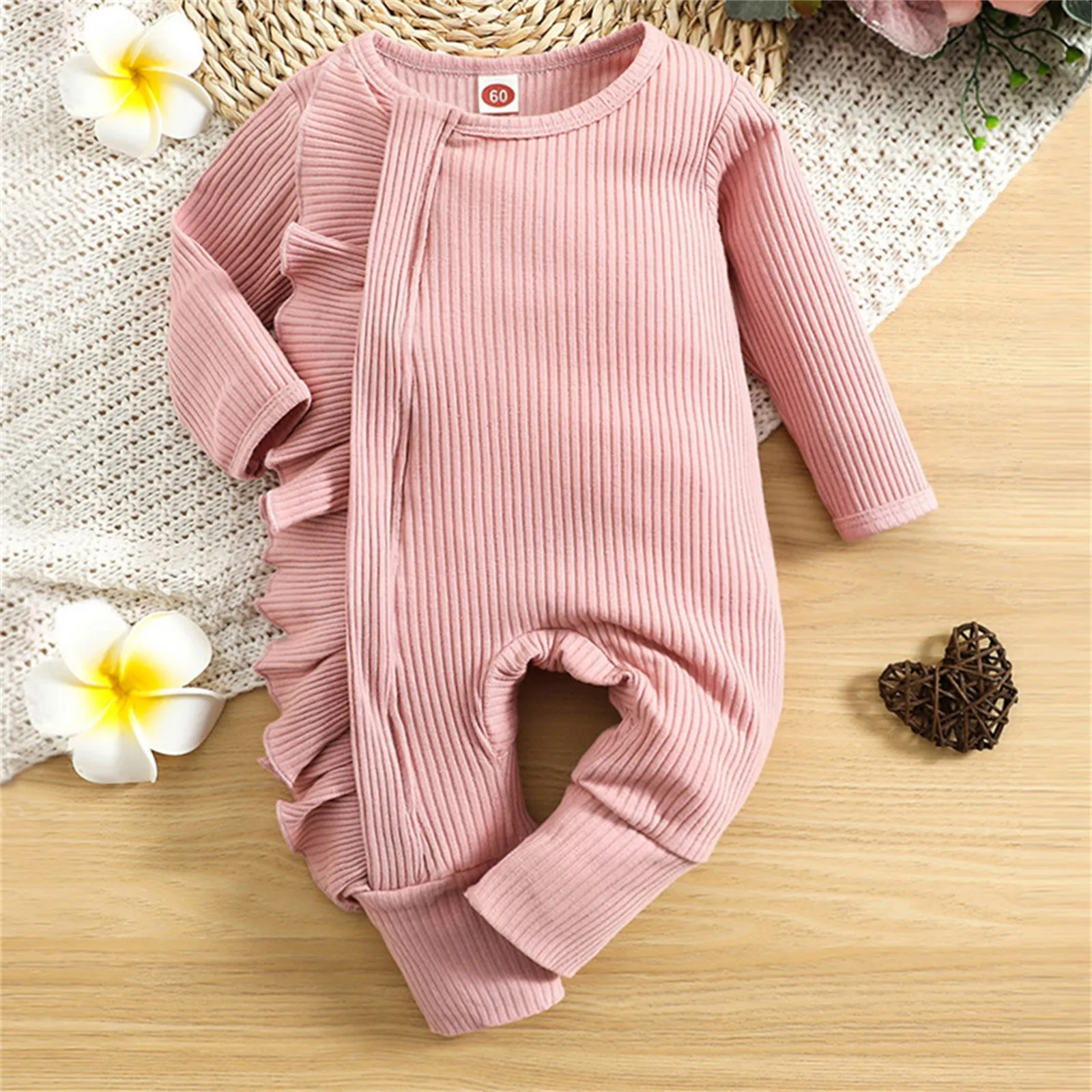 

Autumn Newborn Infant Jumpsuit Baby Girls Boys Solid Ruffle Long Sleeve Ribbed Romper Playsuit Casual Overalls Clothes 0-24M