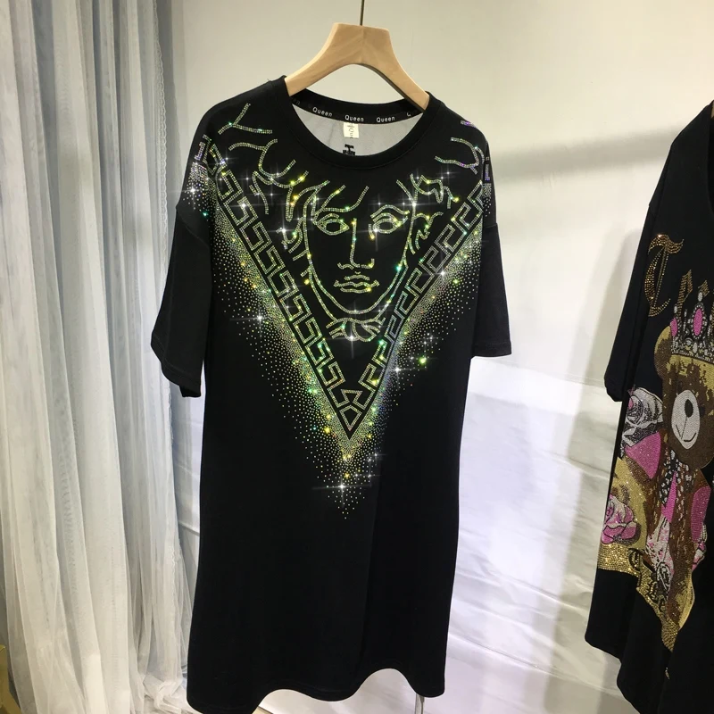 

Luxury Hot Drilling Mid-length Women Tee Dress Straight Geometric Patterns Back Openwork Summer Short Sleeve Black Loose T-shirt