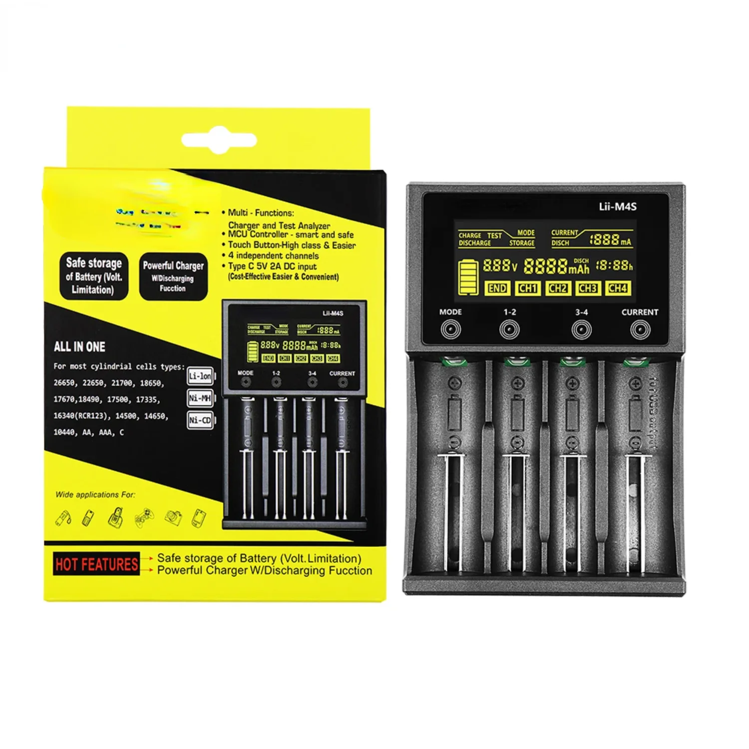 Lii-M4S Lii-M4 +U1 18650 Умное зарядное устройство с ЖК-дисплеем для 26650 21700 32650 20700 16340