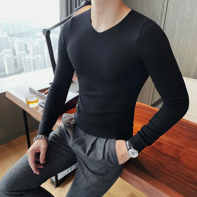 2022 Autumn and Winter New Men's Sweater Fashion Simple Pullover Long-sleeved Bottoming V-neck Slim Solid Color Casual 3XL Top