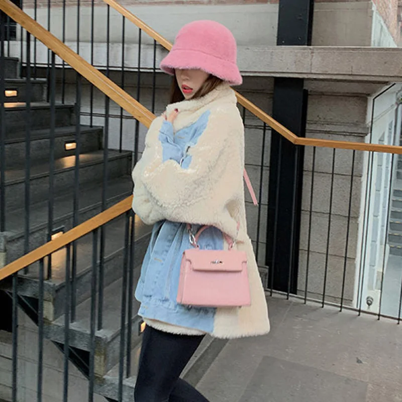 WYBLZ Faux Lamb Wool Patchwork Women's Denim Jacket Stand Collar Coat High Street Winter Thick Warm Splice Chic Jean Jacket Coat